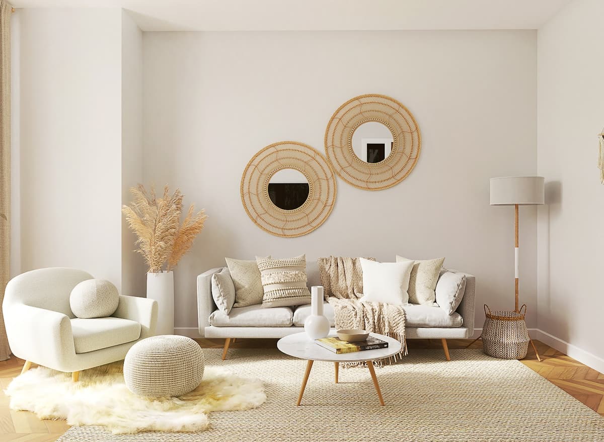 Living room with pale seating, round wall mirrors and a coffee table